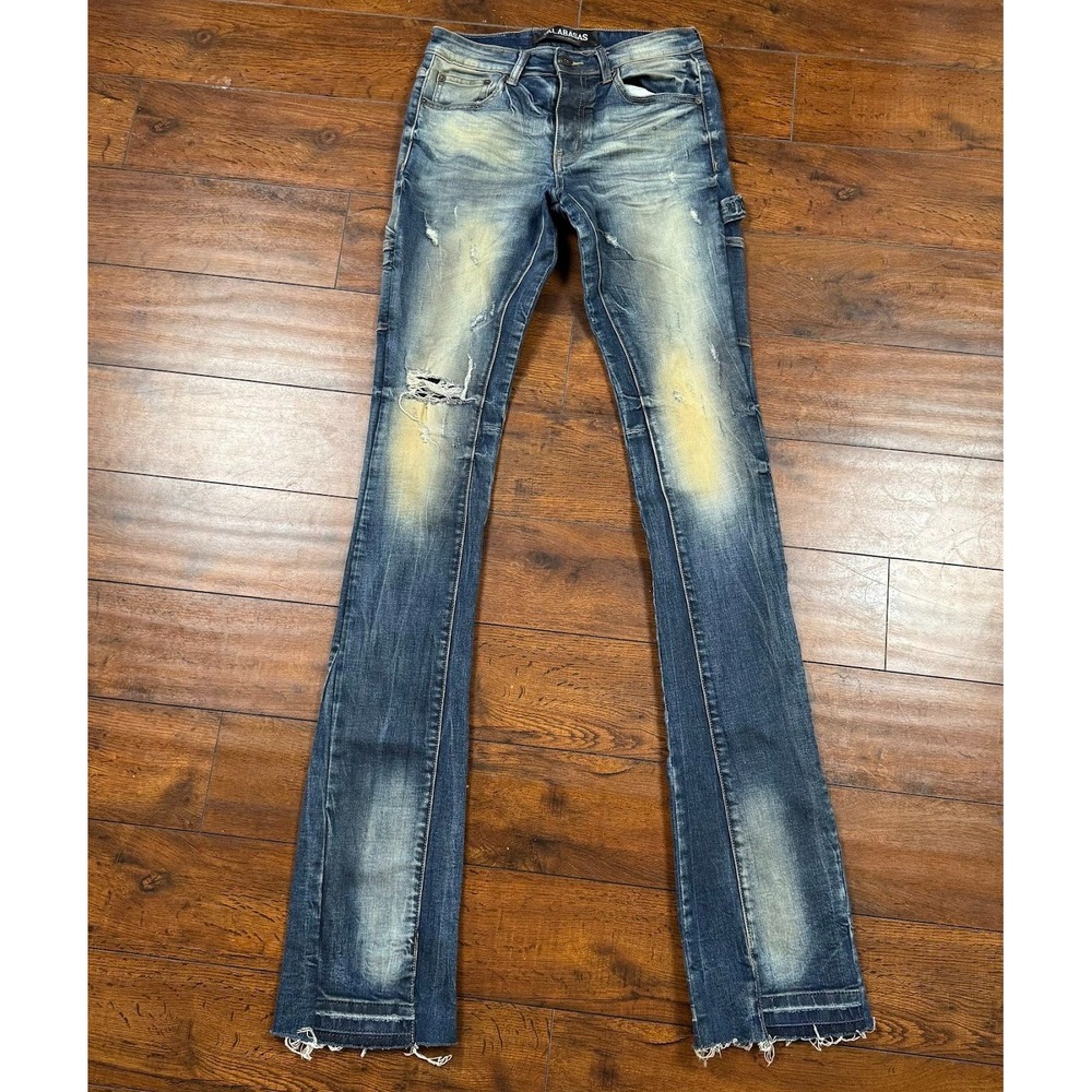 VALABASAS Stacked Flare Cargo Jeans 29 Distressed Y2K Raw Hem Blue Denim